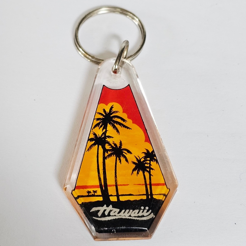 Vintage Hawaii Keychain Palm Trees Sunset Acrylic Souvenir Island Travel Retro